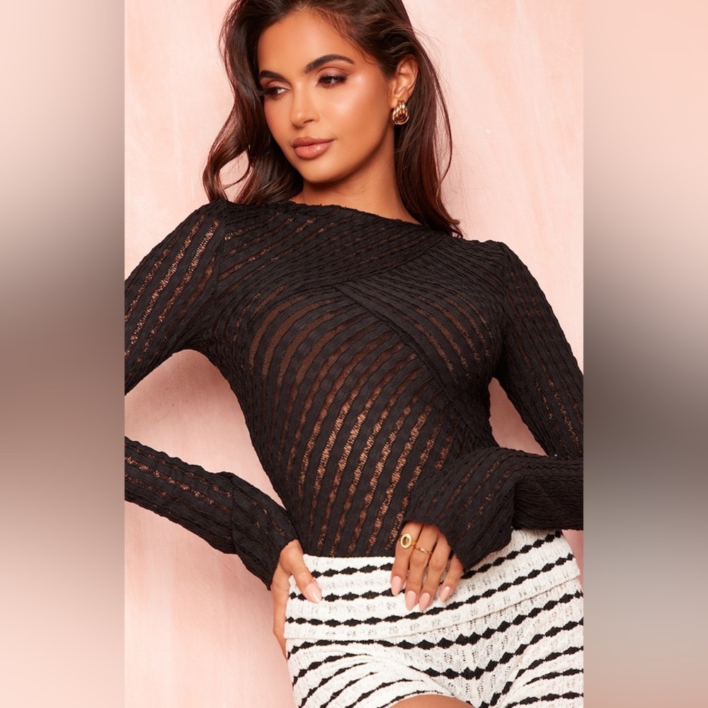 Pretty LITTLE THING BLACK TEXTURED MESH LONG SLEEVE BODYSUIT SZ 10 - Picture 7 of 10